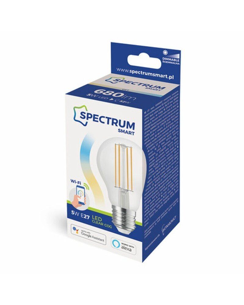Spectrum SMART LED-Leuchtmittel LED E27 A60 Klar Smart Home 5W = 52W Alexa Google 2700K-6500K DIMMBAR, E27, Farbwechsler, CCT-Farbtemperatursteuerung - warmweiß bis tageslichtweiß, WiFi