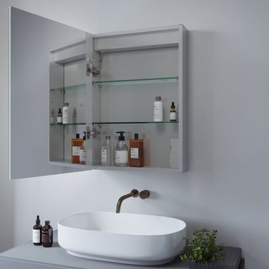 AQUALAVOS Badezimmerspiegelschrank Bad Spiegelschrank mit LED Kaltweiß Beleuchtung IR Sensor Wandschrank 50x70 cm, mit 1 Türig, Doppelseitige Glasspiegel, Soft-Close-Funktion