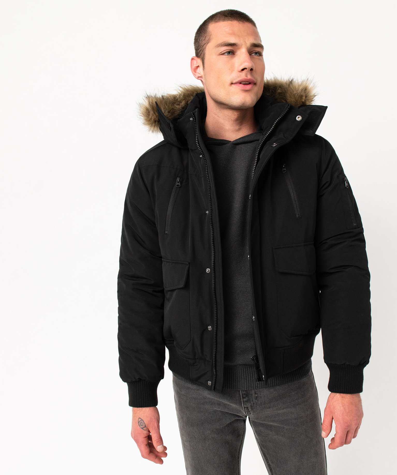 Blouson matelassé à capuche bordée de fourrure imitation ... noir | GEMO