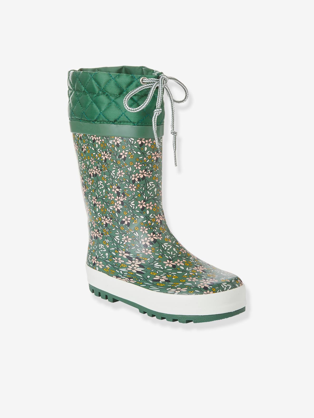Bottes de pluie imprimées fille col matelassé vert