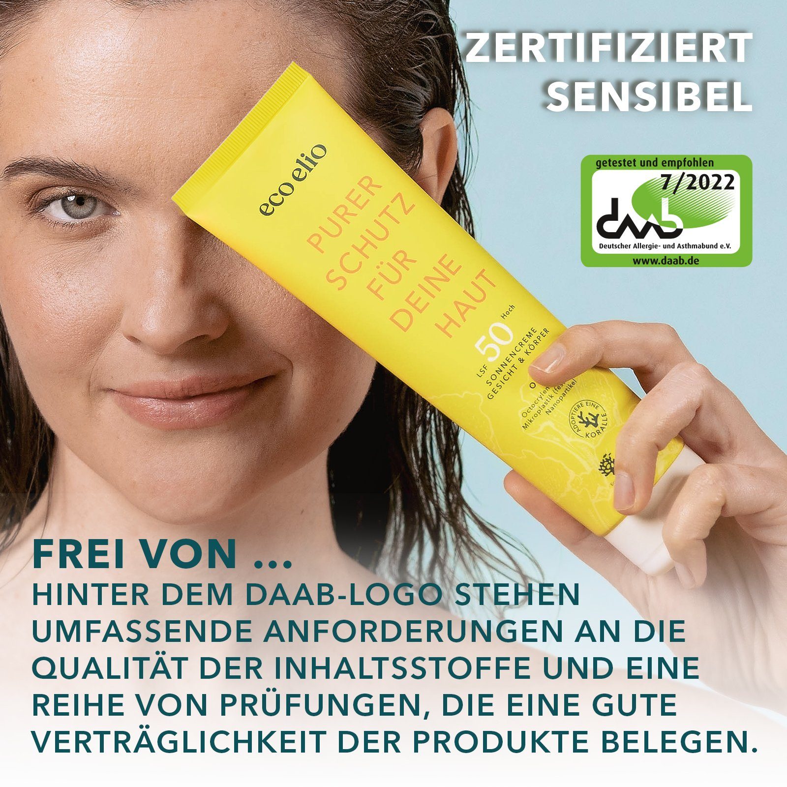 eco elio Sonnenschutzcreme hautverträglich, Tube 150ml, LSF 50, Tube, LSF50, SPF50, schnell einziehend, nachhaltig, Eco Produkt & Verpackung
