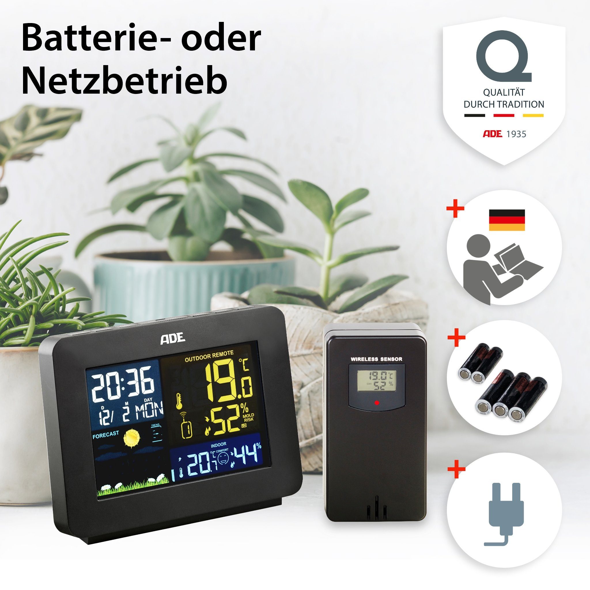 ADE Wetterstation Funk mit Außensensor, mit Vorhersage Funkwetterstation (mit Außensensor, mit animierter Wettervorhersage, Innen- und Außenhygrometer)