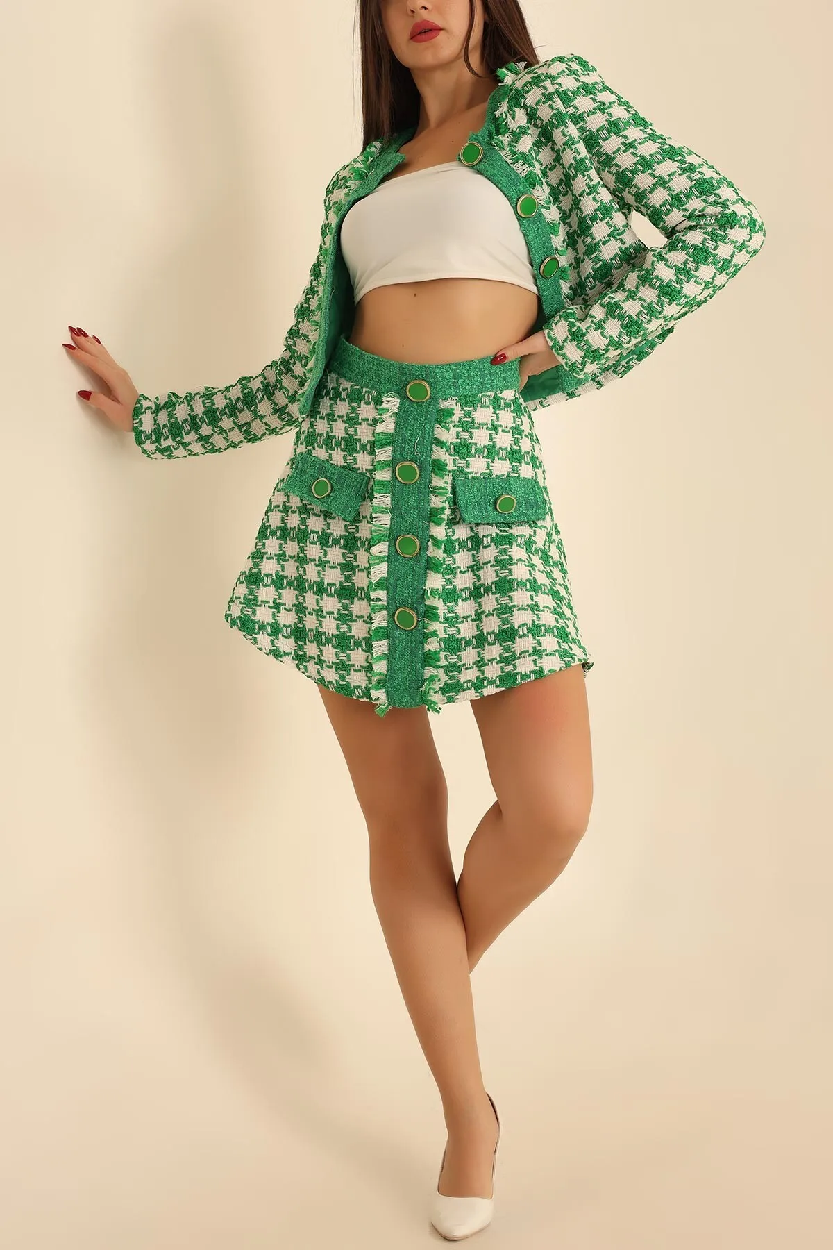 Laluvia  Grüner Tweed-Anzug mit Bell-Rock-Jacke