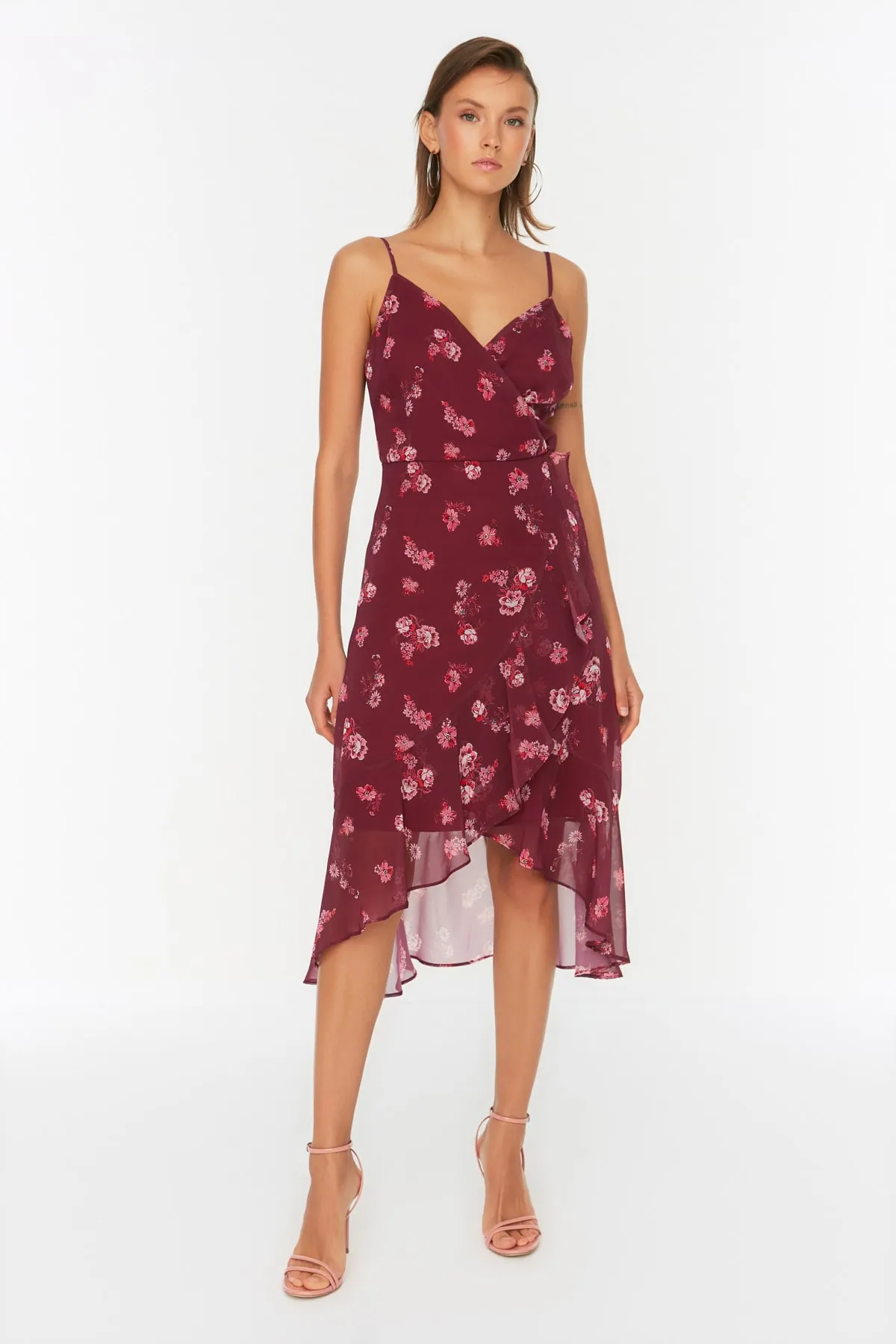 Trendyol Collection  Pflaumenfarbenes, zweireihiges, gewebtes Midi-Kleid mit gefütterten Rüschen und Blumenmuster TWOSS21EL2141