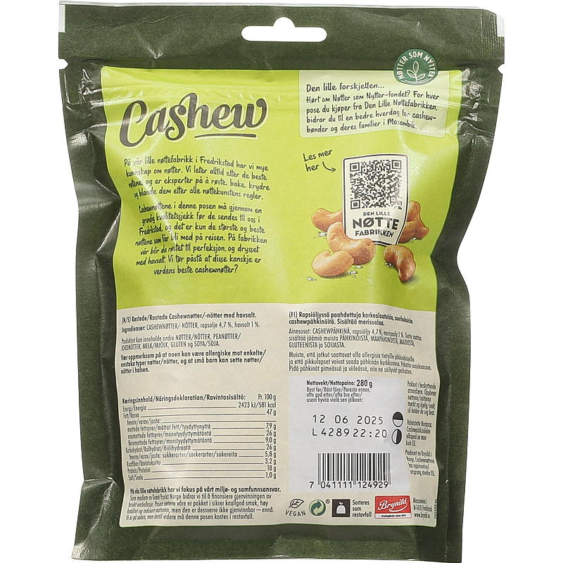 Brynild Cashewnøtter 280 g Den lille nøttefabrikken