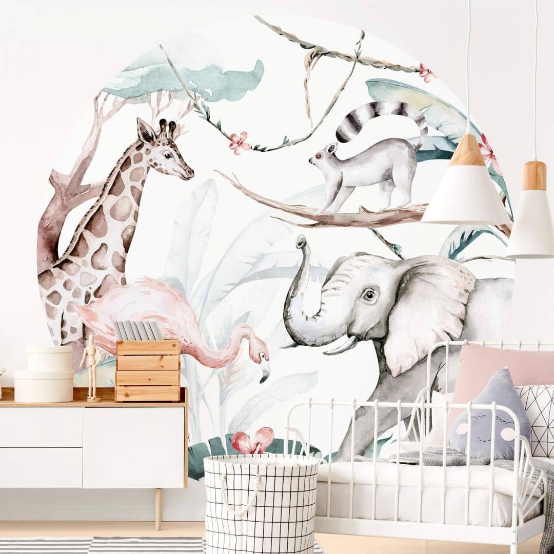 K&L Wall Art Fototapete Fototapete Kvilis Kinderzimmer Tiere Giraffe Vliestapete Rund Elefant Tapete, Tierfreunde Tapete
