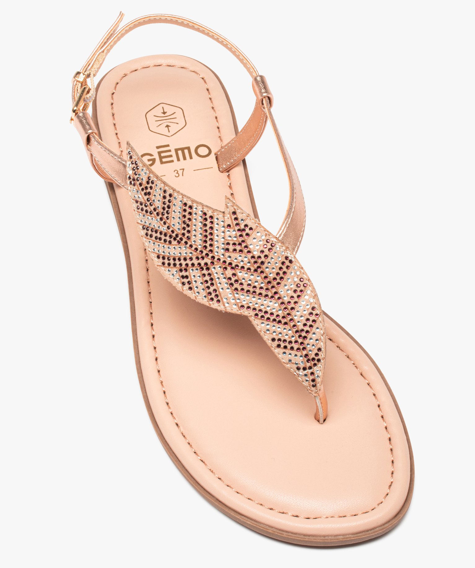 Sandales femme à talon plat et bride entre-doigts à strass rose | GEMO