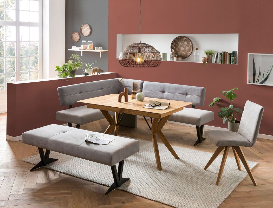expendio Eckbankgruppe Gerwin 1XL, (komplette Tischgruppe, Spar-Set, 4-tlg), Tisch Gerwin Eiche rustikal + Eckbank + Bank Eda 3 + Stuhl Caja Gray