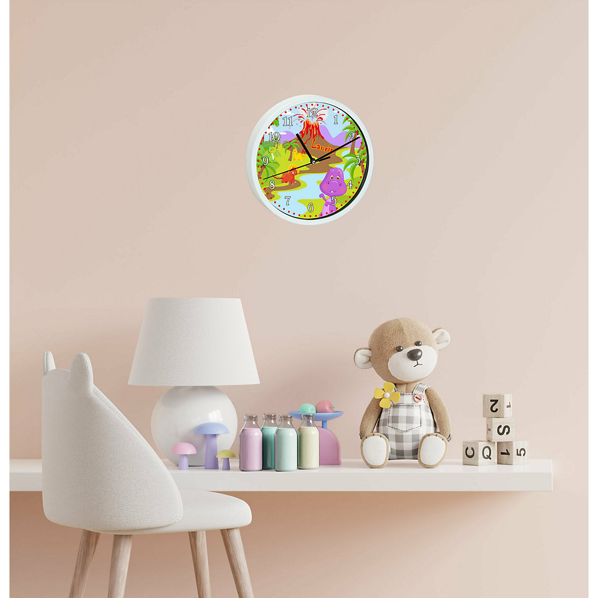 Kinder Wanduhr personalisiert mit Name Dino