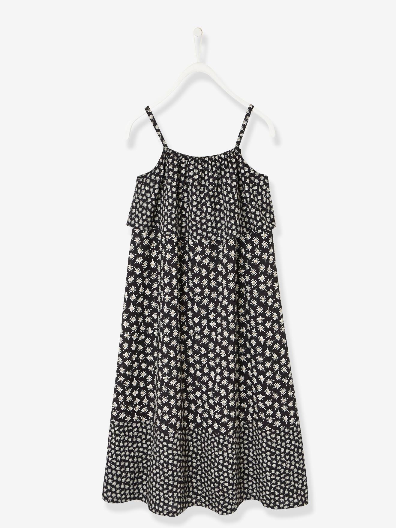 Robe longue à volants noir imprimé