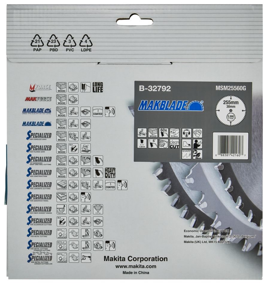 Makita Tilbehør B-32792 Træ Geringsavklinge Makblade 255x30x2.3 60T 5G