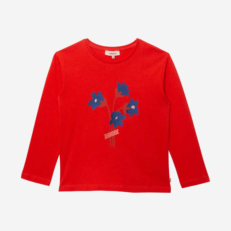 T-shirt fille brodé bouquet en coton recyclé rouge Catimini