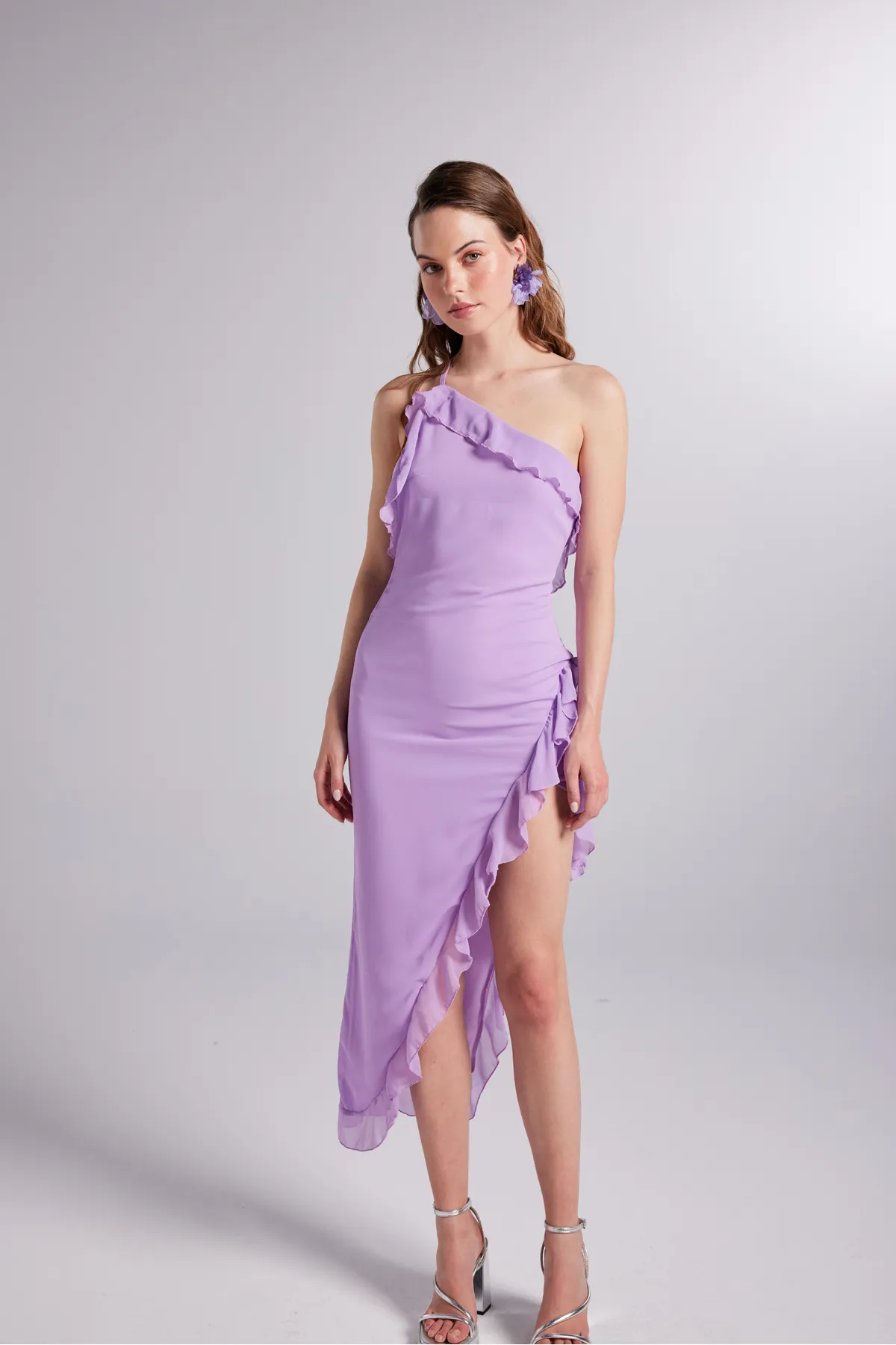 HOLLY LOLLY  One-Shoulder-Rüschendetailliertes Chiffon-Liebeskleid Flieder