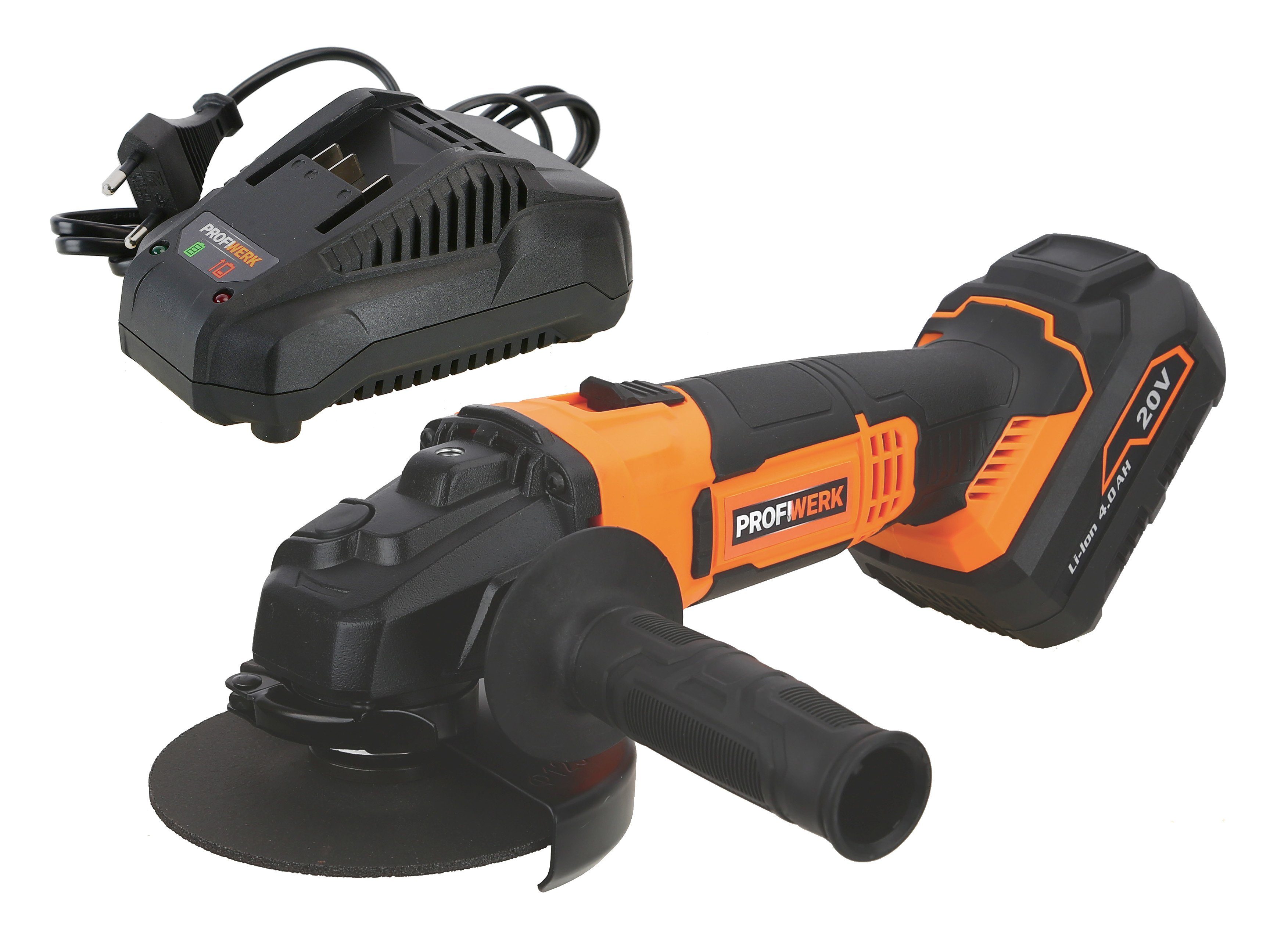 Profiwerk Akku-Winkelschleifer PWWS25-01-Kit 20V, 125mm, M14, 4Ah Akku, max. 10000 U/min, Netzteil, Sicherungsmutternschlüssel