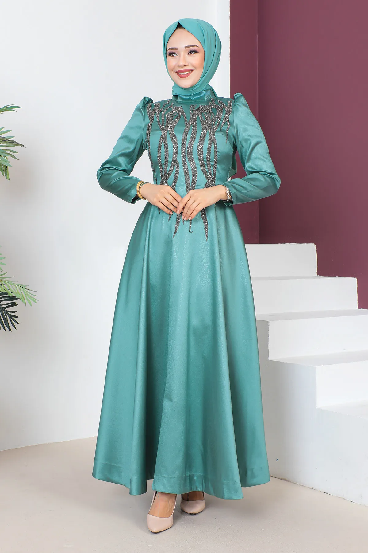 Tesettür Dünyası  Abendkleid mit Paillettendetail auf der Vorderseite TSD230634 Mintgrün
