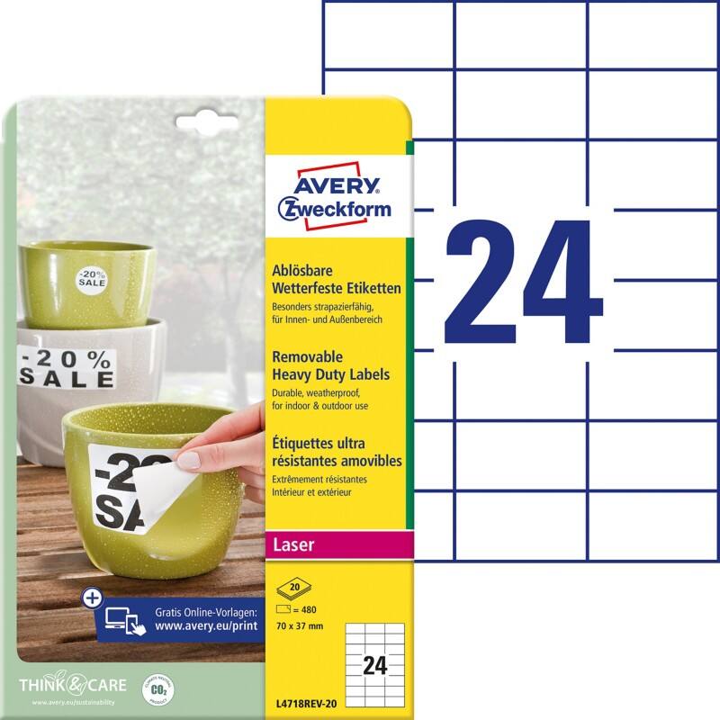 AVERY Zweckform Ablösbar Wetterfeste Etiketten L4718REV-20 Selbsthaftend DIN A4 Weiß 70 x 37 mm 20 Blatt à 24 Etiketten