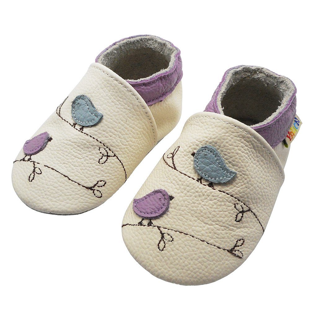 Yalion Weiche Leder Krabbelschuhe Lauflernschuhe Hausschuhe Vögelchen Weiss Hausschuh