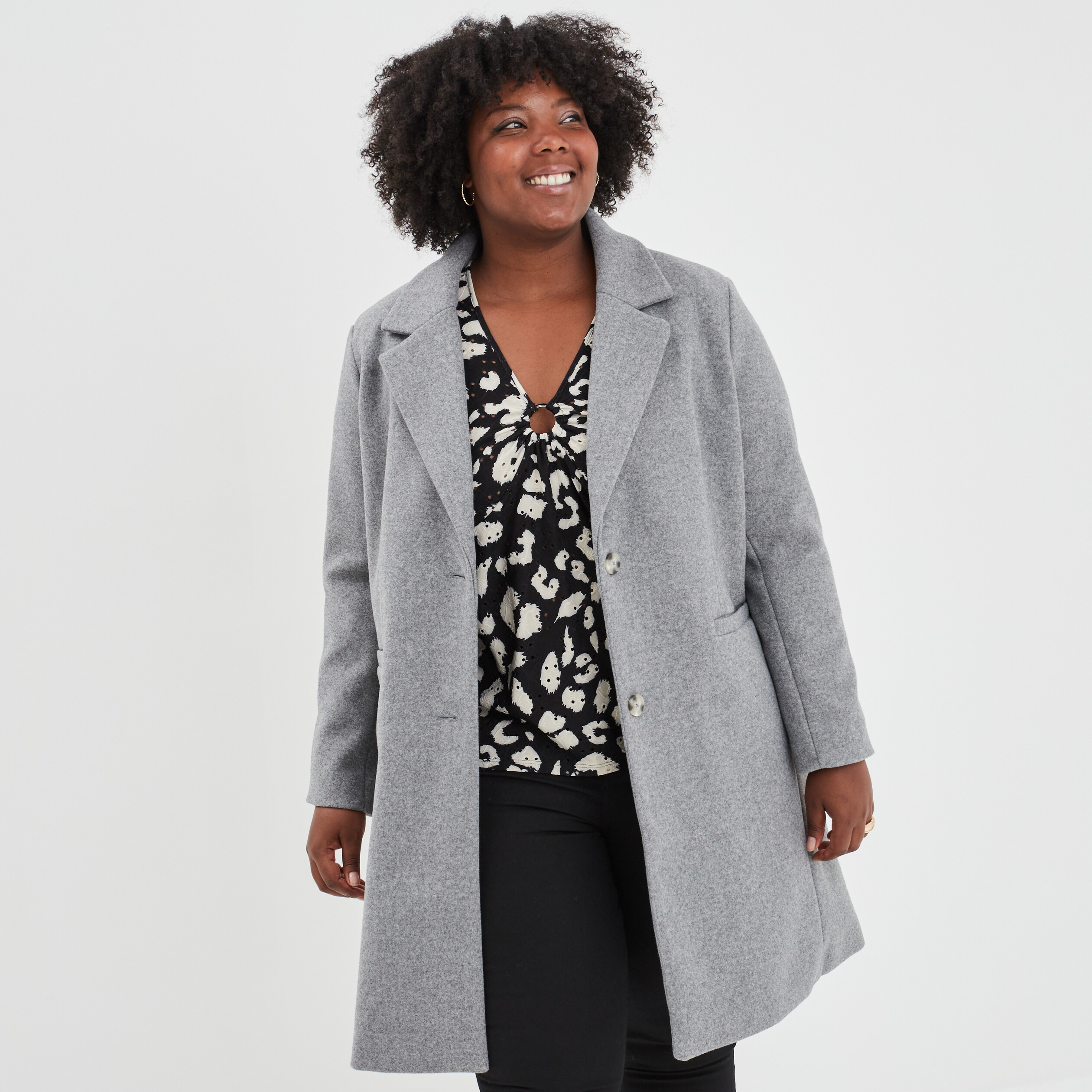 Manteau long boutonné gris femme grande taille | La Halle