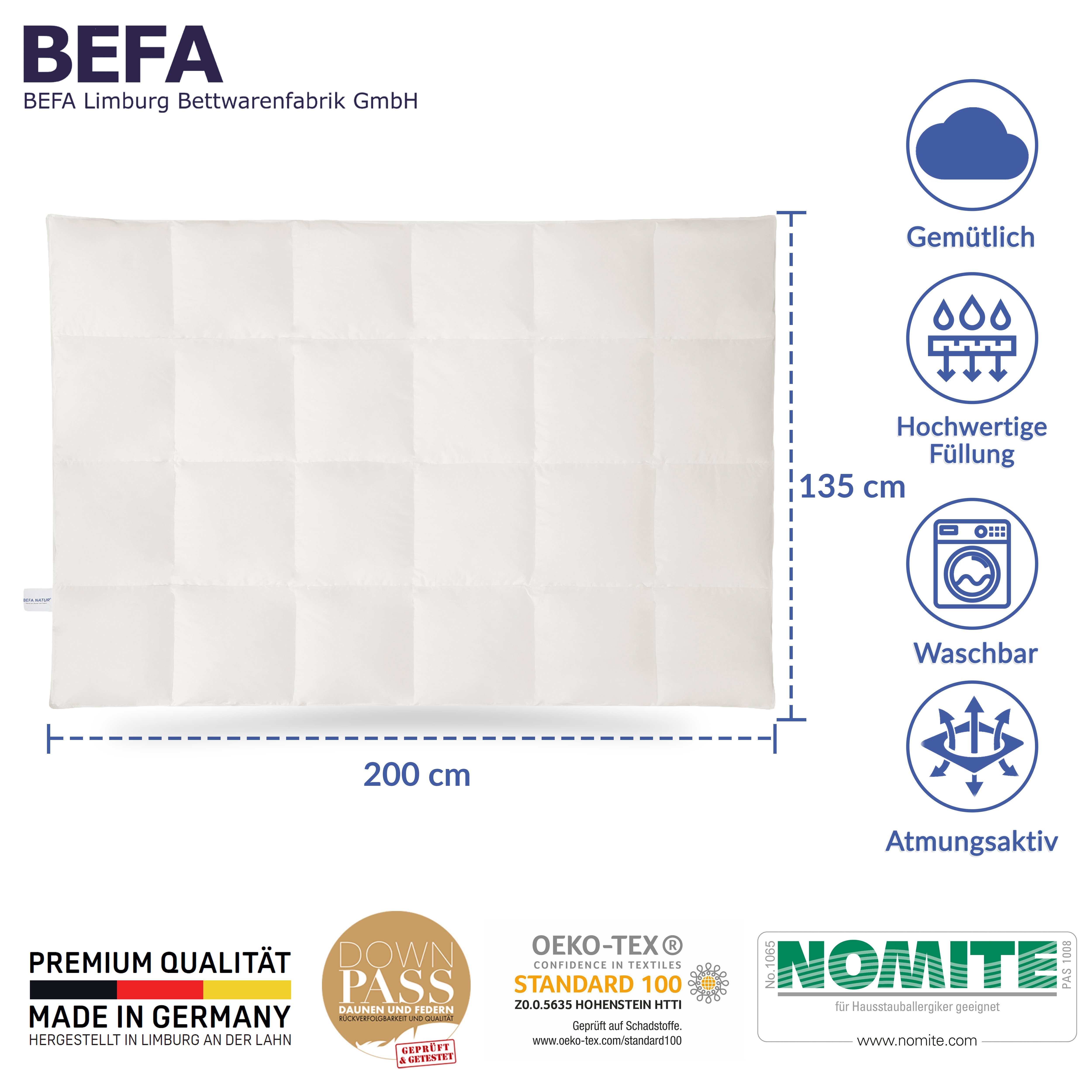 Daunenbettdecke, kuschelig weiche Premium-Ganzjahresdecke, 4-Jahreszeitendecke, BEFA NATUR, Füllung: 90% Daunen, 10% Federn, Made in Germany - hochwertige Verarbeitung - Allergiker geeignet