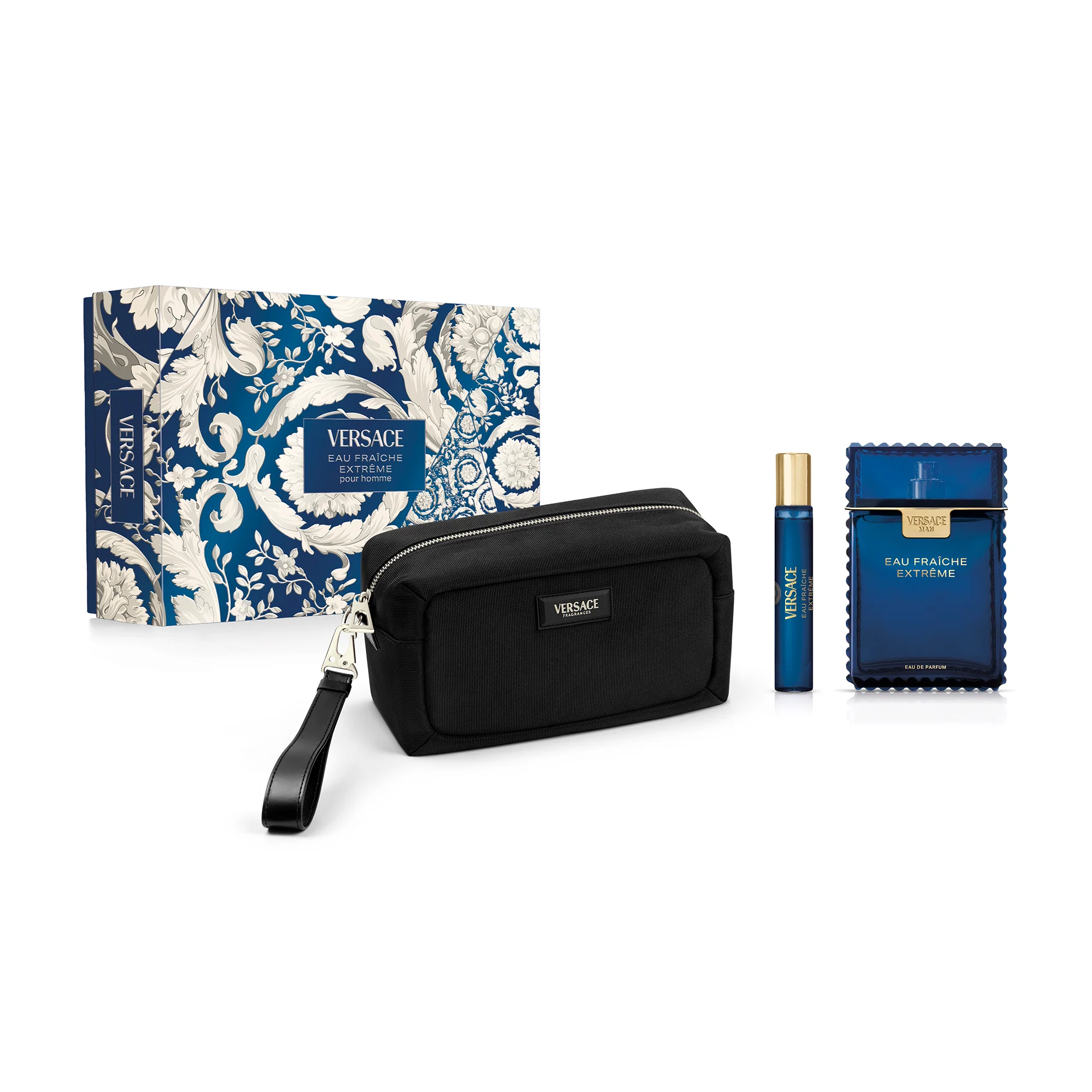 Versace Men Eau Fraiche Gaveæske Eau Fraiche Extrême Eau De Parfum + Rejsespray + Trousse - Parfumeæske til mænd, Eau de Parfum