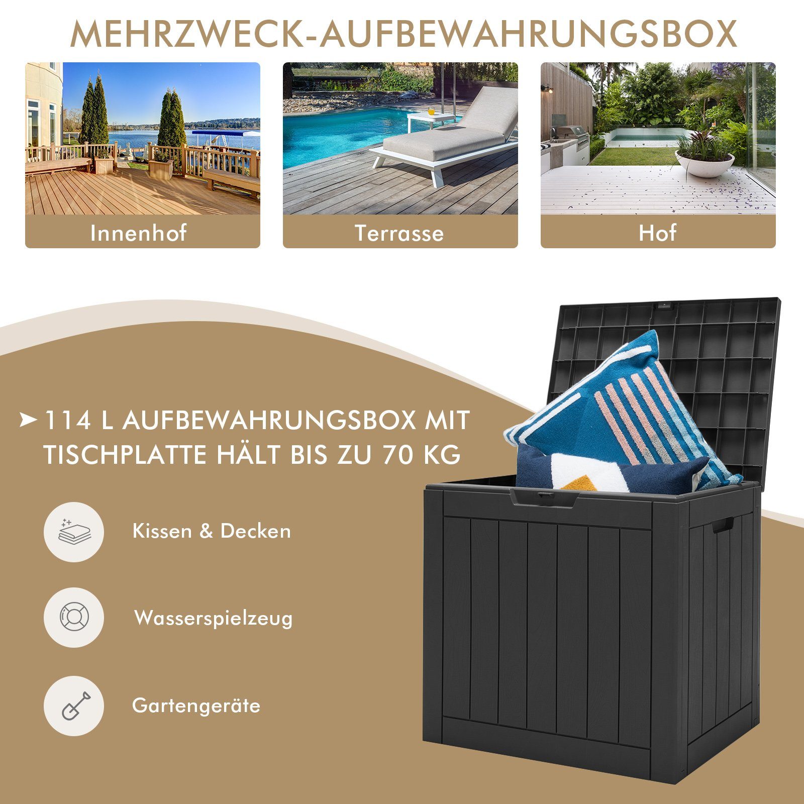 COSTWAY Auflagenbox 114L Truhe, mit Griffen, 56 x 43 x 53 cm