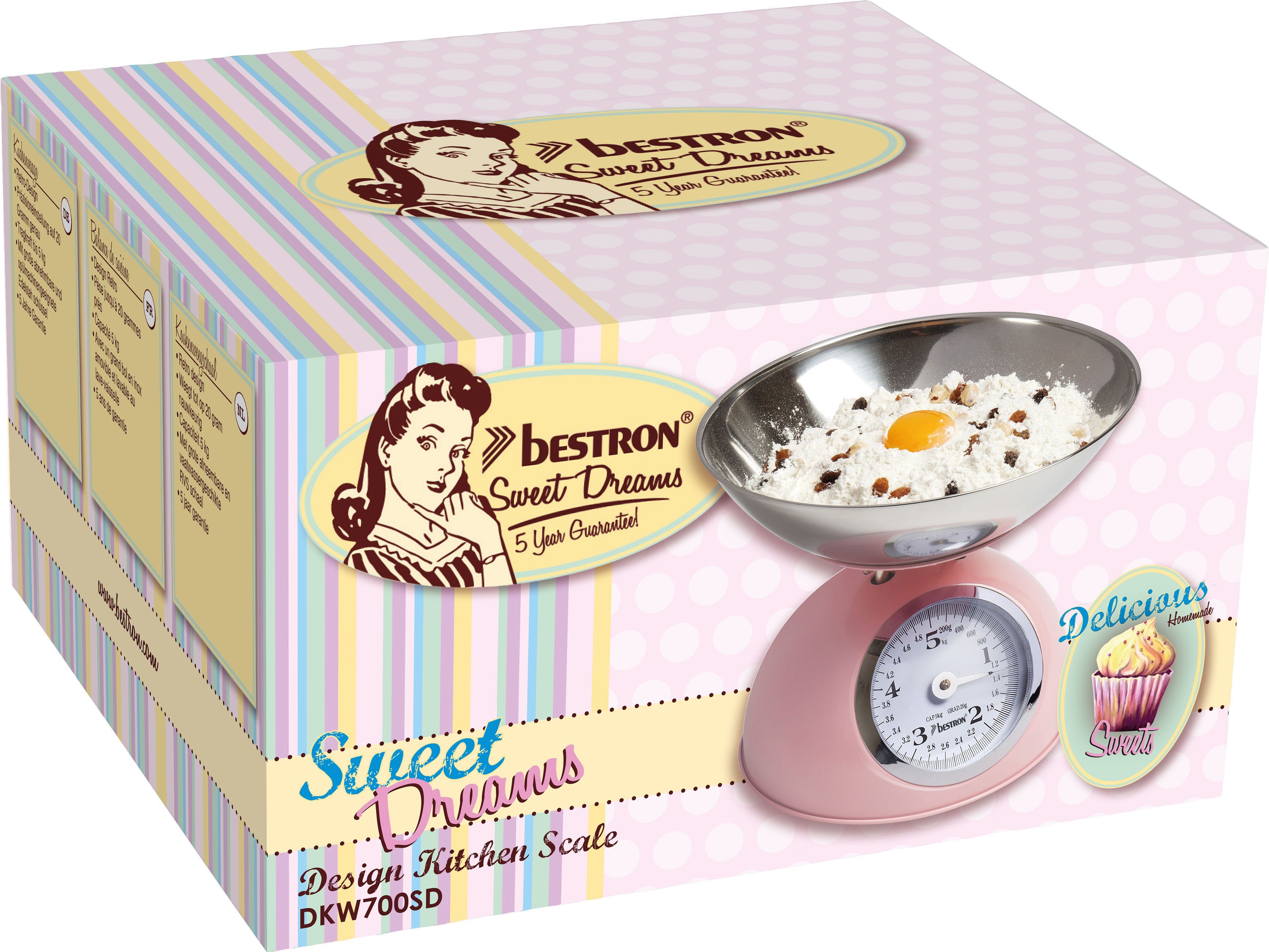 bestron Küchenwaage DKW700SD Sweet Dreams, analog mit abnehmbarer Wiegeschale, Retro Design, Tragkraft: 5 kg