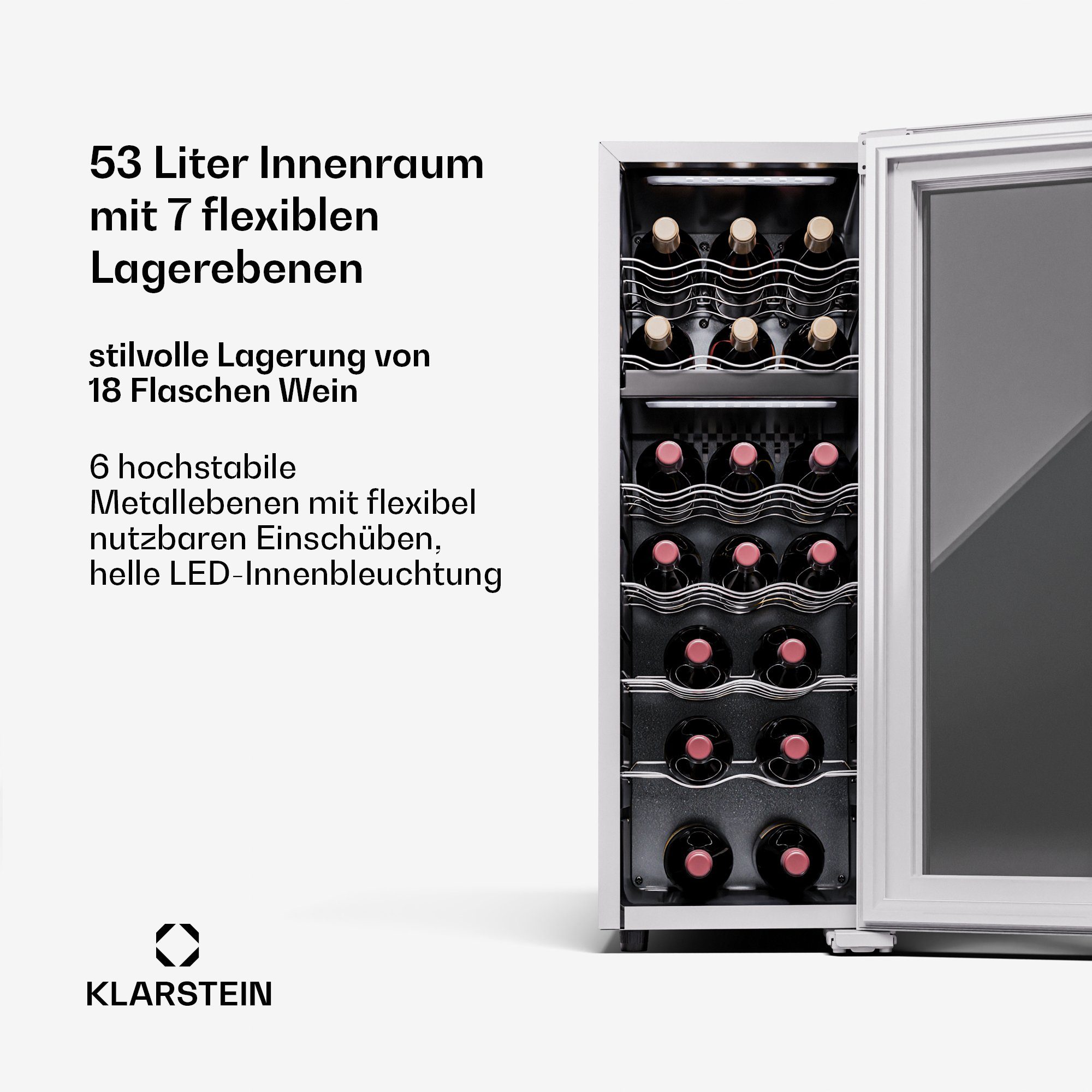 Klarstein Weinkühlschrank Shiraz 18 Duo, für 18 Standardflaschen á 0,75l,Wein Flaschenkühlschrank Weintemperierschrank Weinschrank Kühlschrank