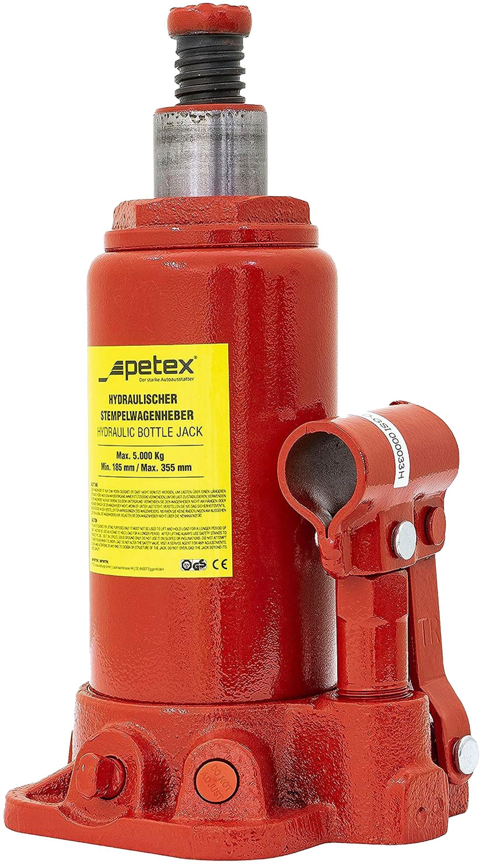 Petex Wagenheber Stempelwagenheber inkl. Hebel, hydraulisch nach EN 1494:2000, max. Hubhöhe: 11 cm, Tragkraft: 5 Tonnen, verstellbare Höhe: 60 mm, Hubhöhe: 110 mm, rot