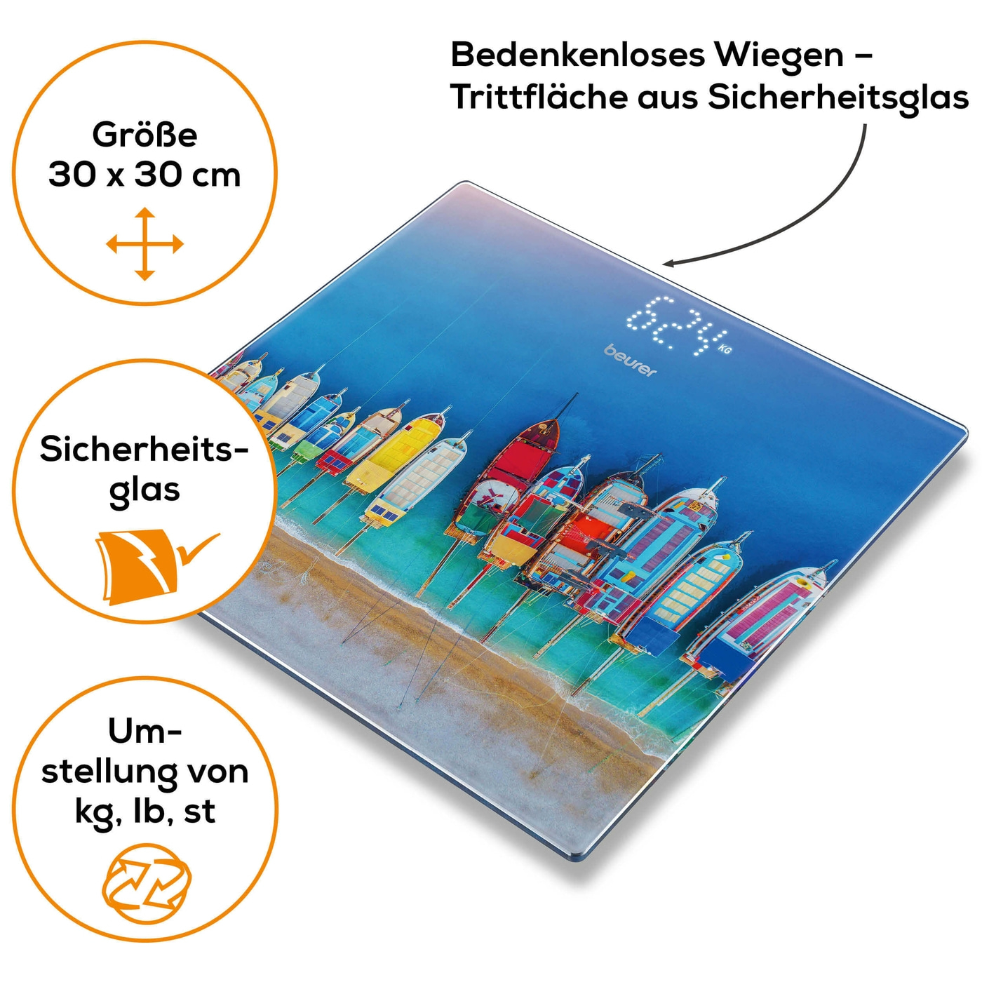 Beurer Boats Glaswaage GS 215-Personenwaage aus Glas mit unsichtbarem Magic-Display - bis 180 kg