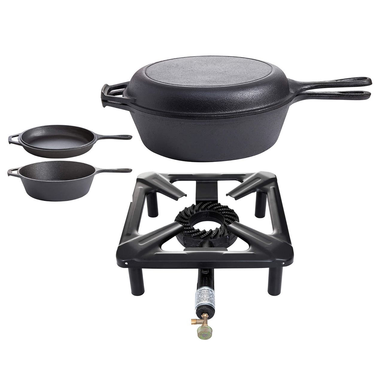 Allgrill Hockerkocher ohne Zündsicherung   Gusspfannen Kombi mit 2 Pfanne/Deckel