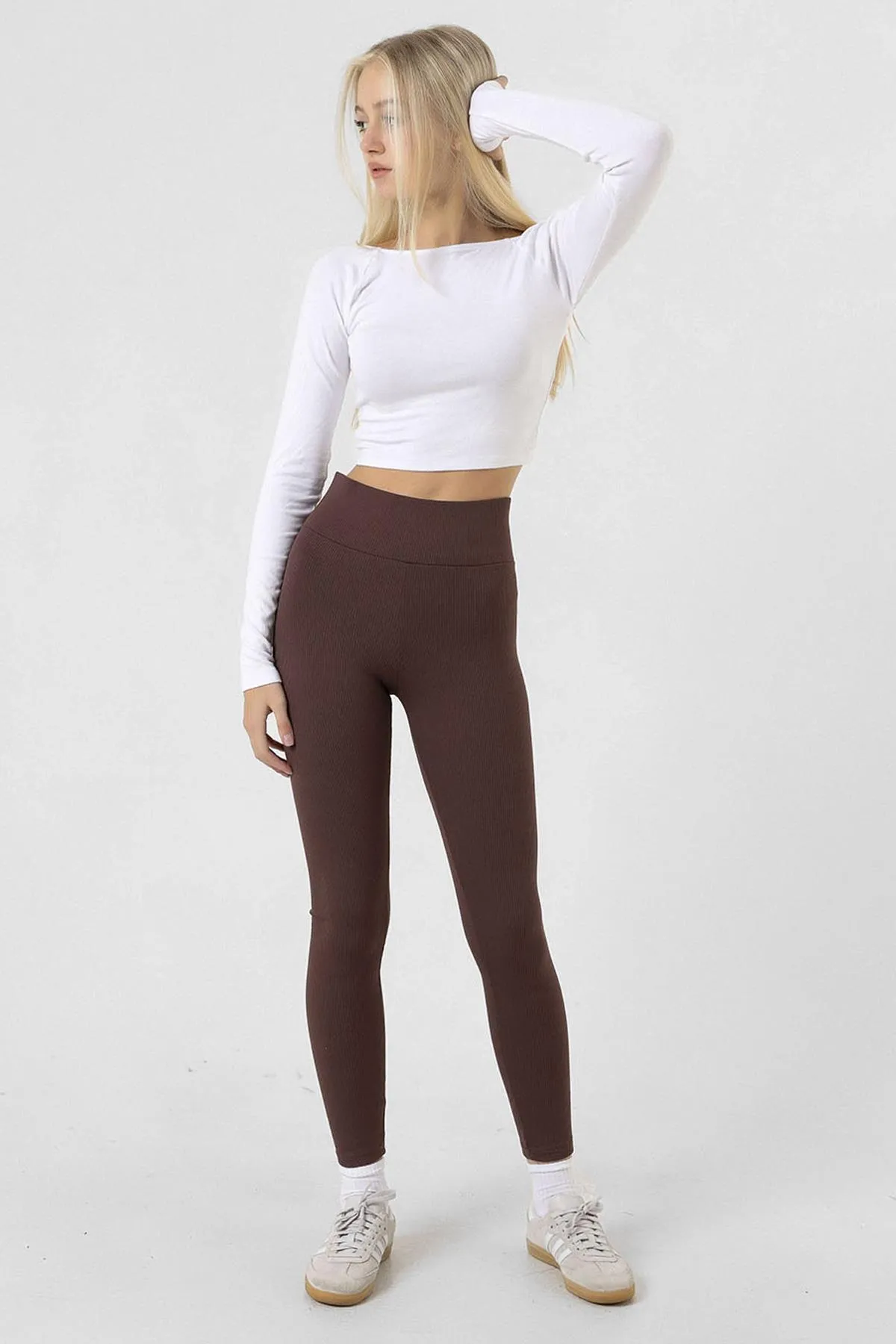 Domoda  Braune Fleece-Innenseite, elastisch, erhöht, gerippt, geraffte Interlock-Winterstrick-Leggings @verona