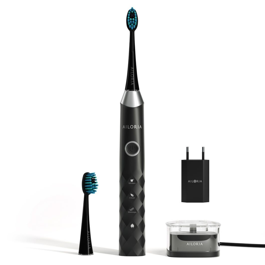 USB-Schallzahnbürste schwarz-silber inkl. 2 Bürstenköpfe & USB Power Plug