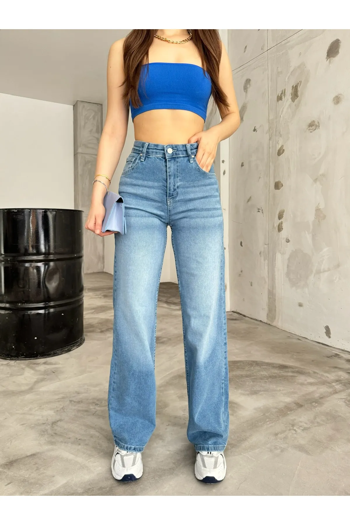 BİKELİFE  Damen-Jeans im Vintage-Stil mit hoher Taille und weitem Bein in hellem Effekt
