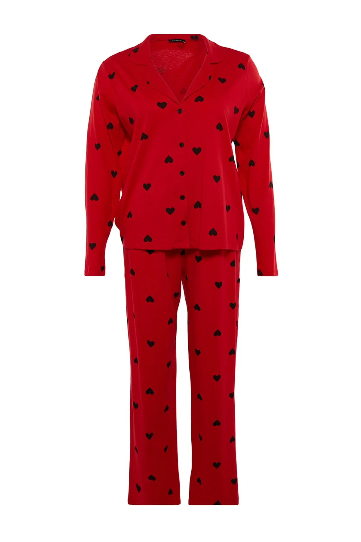 Trendyol Curve  Gestricktes Pyjama-Set mit rotem Herz-Hemdkragen TBBAW23AI00019