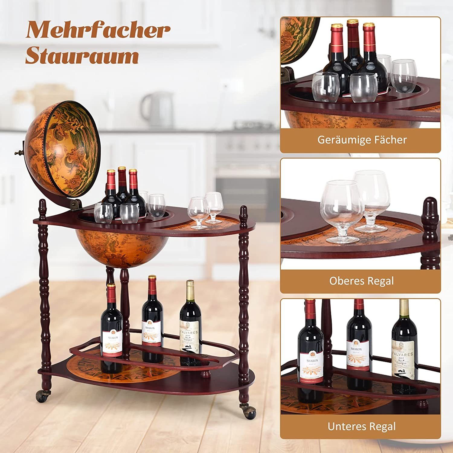 COSTWAY Weinregal Flaschenregal, Mit 3 Rollen, mit Tischplatte
