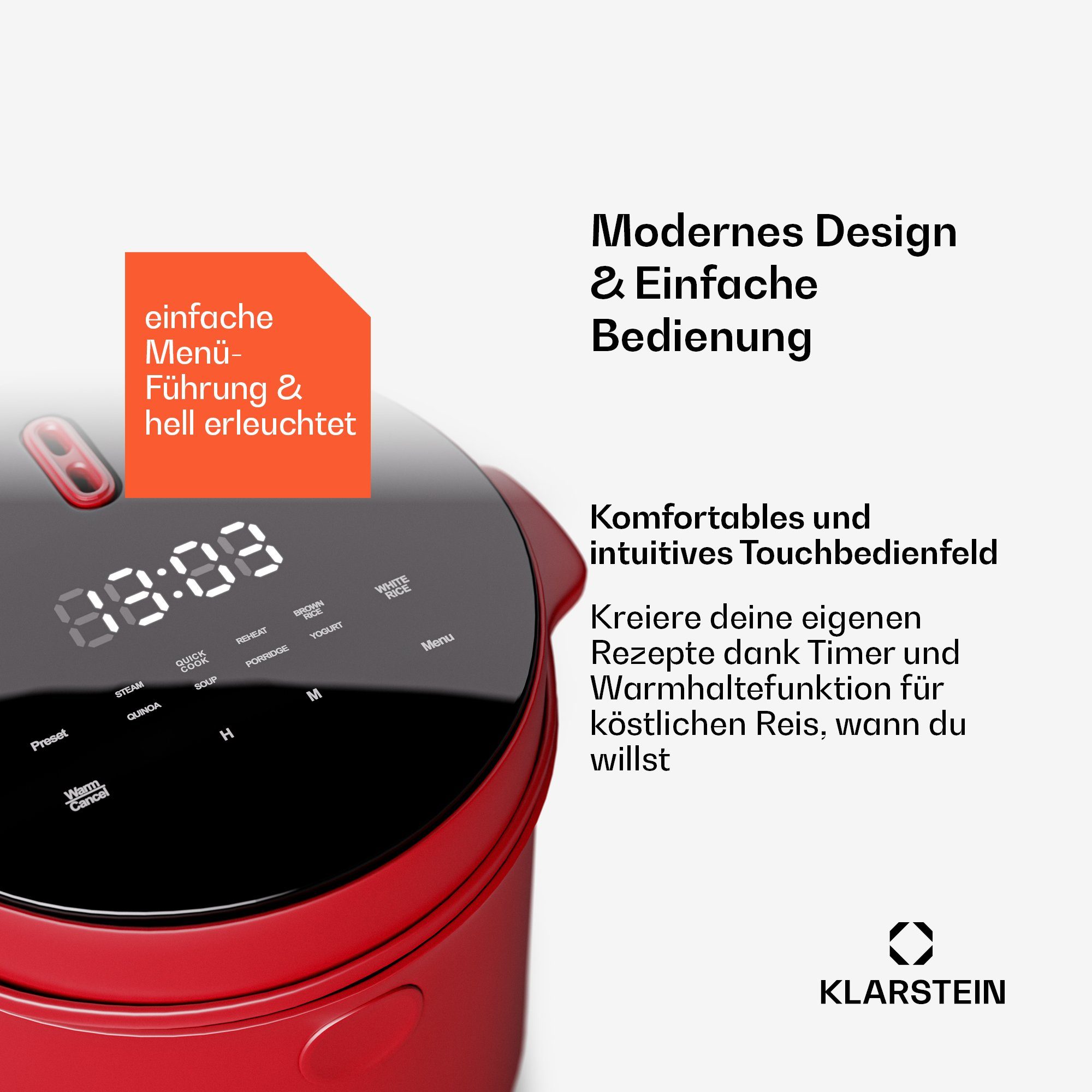 Klarstein Reiskocher Kenbu, 400 W, mit dampfgarer Elektrisch Multifunktions Kocher Rot
