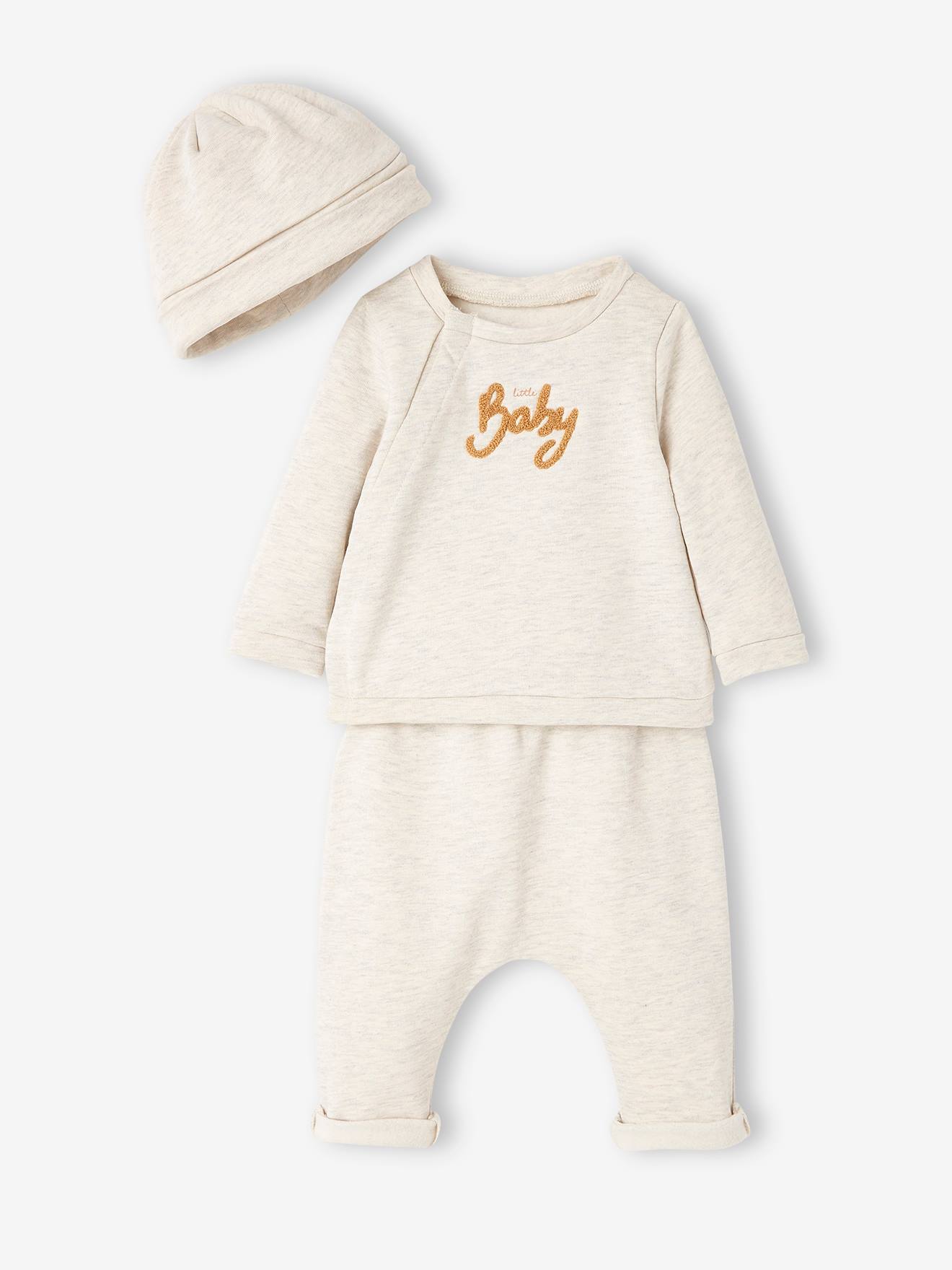 Ensemble bébé 3 pièces en molleton naissance beige chiné