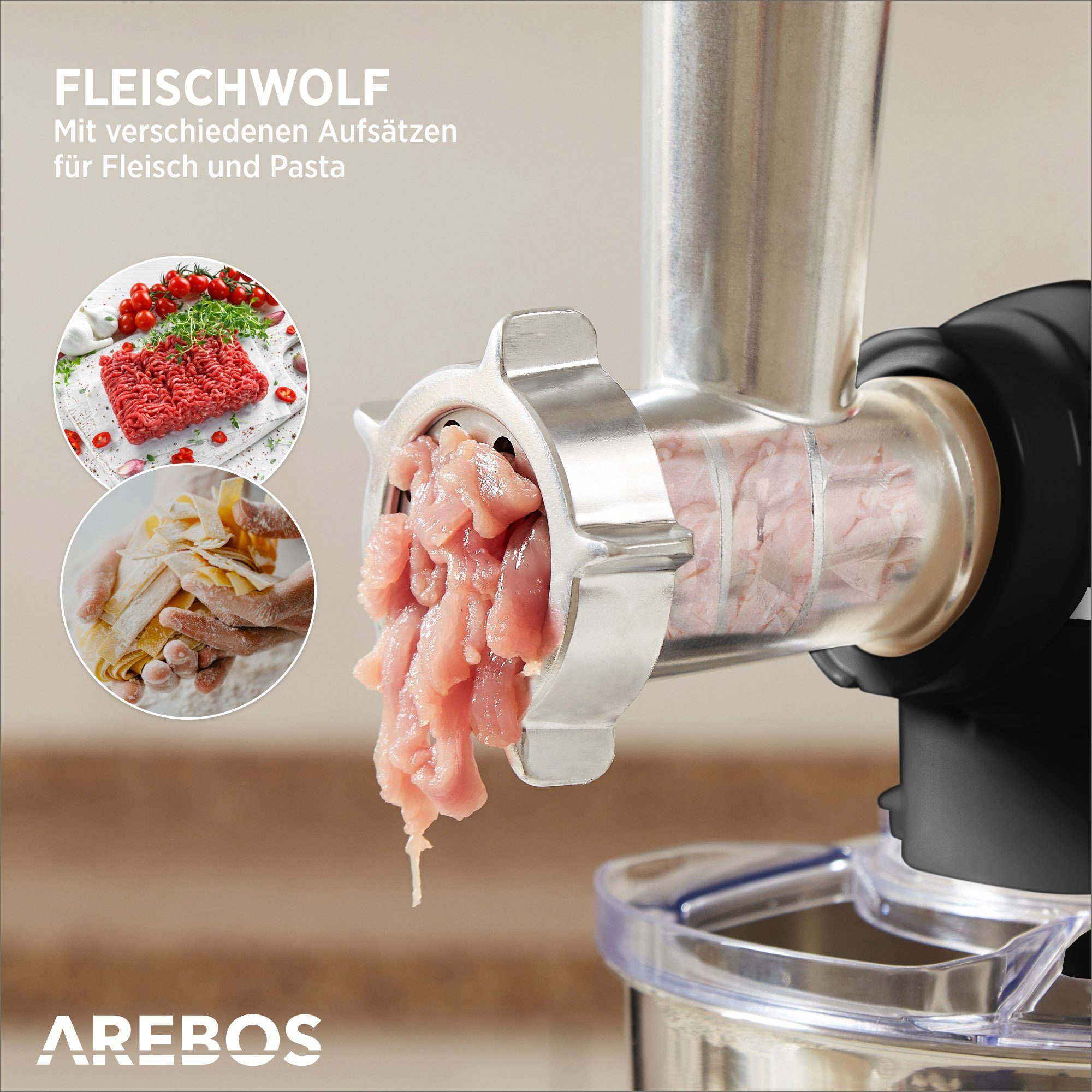Arebos Küchenmaschine Fleischwolf, Nudelmaschine, Edelstahl-Schüssel, 1500 W, 5,50 l Schüssel, 3in1
