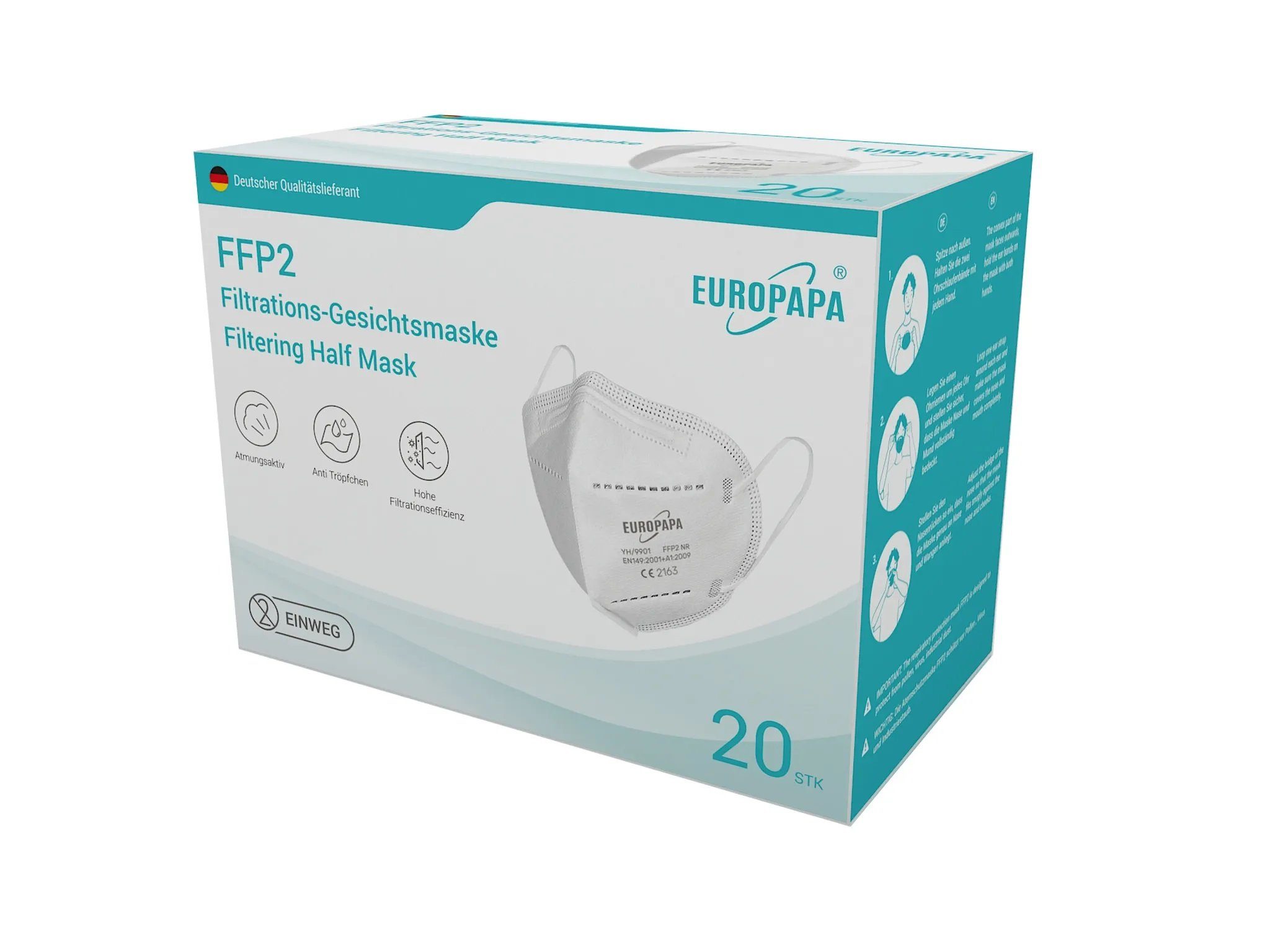 Europapa Gesichtsmaske Atemschutzmasken 5 lagig mit Nasenbügel 60er Pack, DEKRA, nach CE2163, 60-tlg., OP Maske Ohrschlaufe Gesichtsmaske Mundschutz Mundschutzmasken