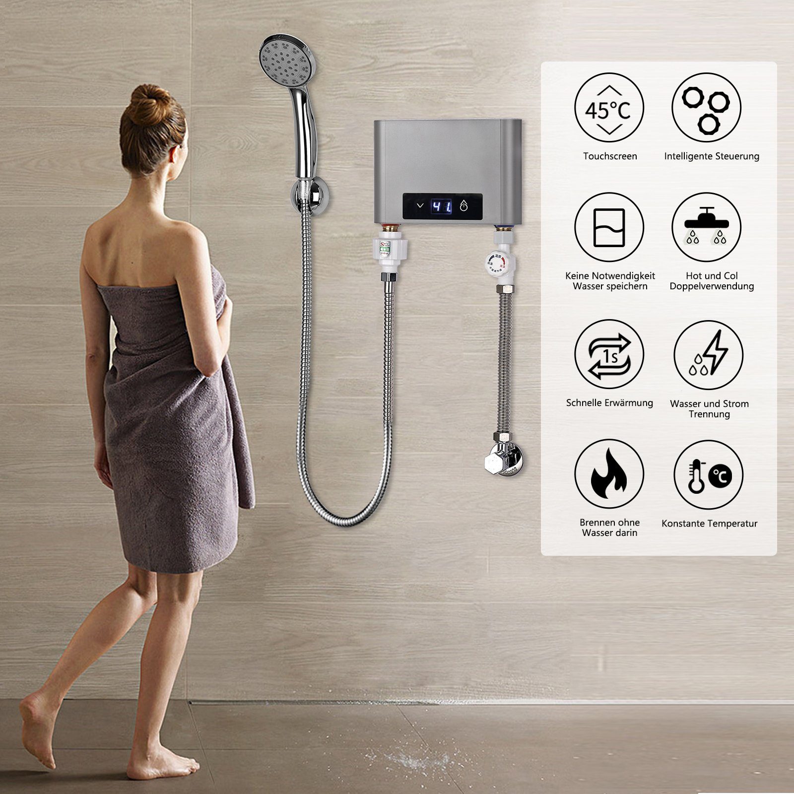 TWSOUL Klein-Durchlauferhitzer Intelligenter thermostatischer Inverter-Durchlauferhitzer5500W, 30,00 °C, max 52,00 °C, 360° lochfreie Installation, Nichrome-Drahtheizung