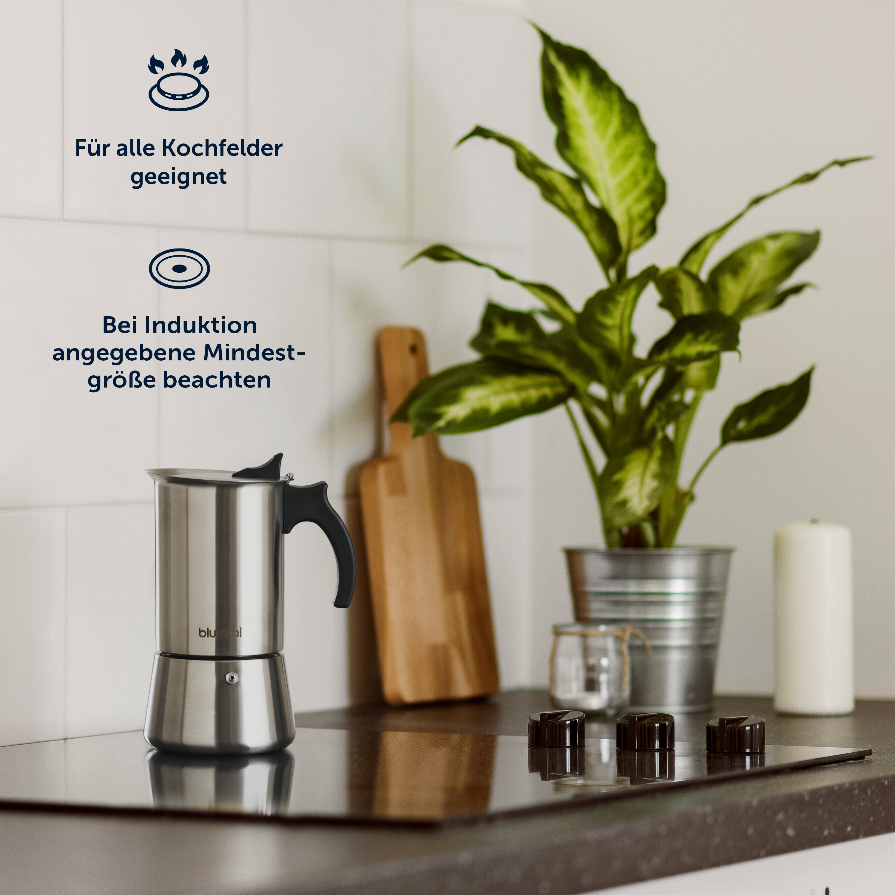 Blumtal Espressokocher Espressokocher Edelstahl - aluminiumfreie Mokkakanne, für alle Herdarten, nichtrostende Mokakanne, Ersatzdichtung und Ersatzfilter, Camping Kaffeekocher, mit verstärkter Wand, Ersatzdichtung und Ersatzfilter