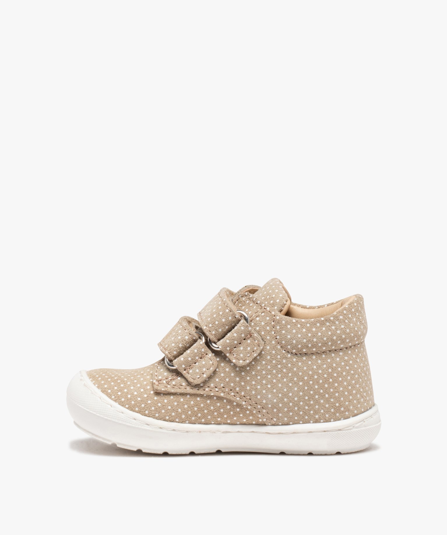 Baskets premiers pas bébé fille dessus cuir à pois – NA! beige | GEMO