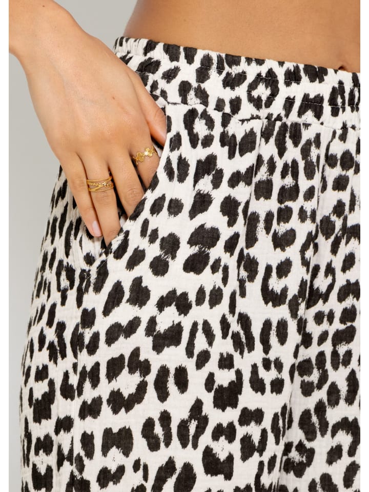 SASSYCLASSY Musselin Pants mit weitem Bein in Leo-Print in hellbeige I schwarz günstig kaufen