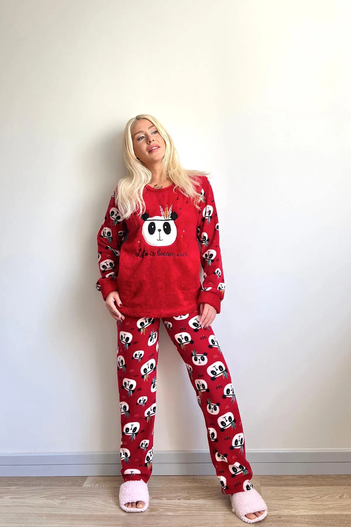 Pijamaevi  Red Life Panda gemustertes Plüsch-Pyjama-Set für Damen