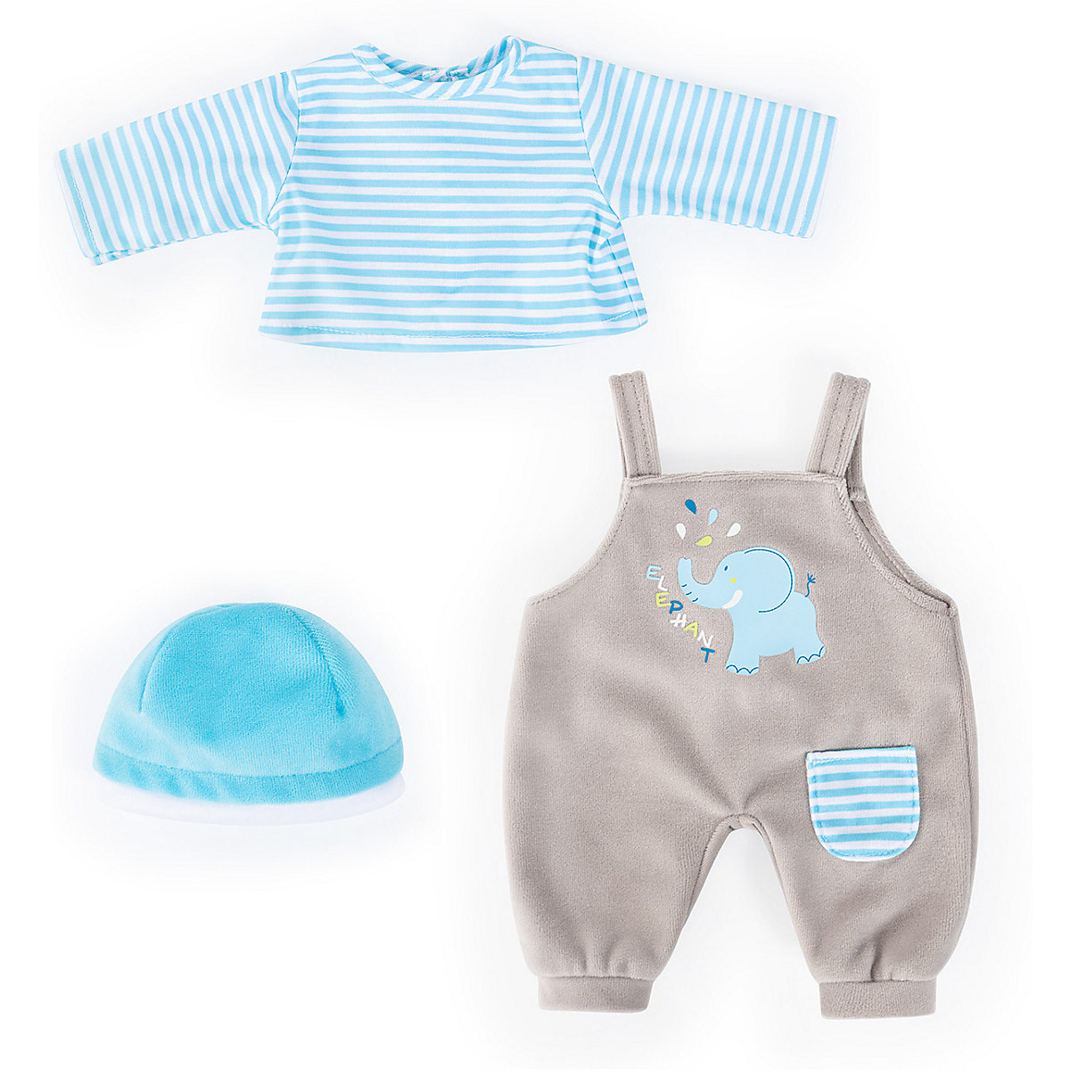 Kleider für Puppen 40-46 cm: 3-tlg. - Latzhose, Oberteil, Mütze, blau/grau