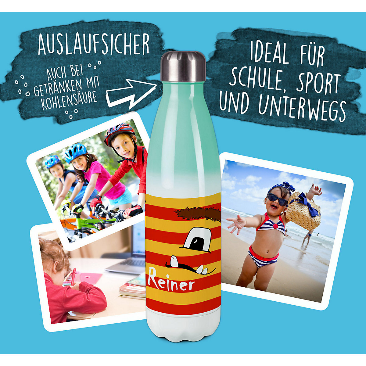 Edelstahl Kinder Thermoflasche / Trinkflasche bunt Monster Streifen Farbe rot gelb Spülmaschinenfest, Auslaufsicher, Bruchfest, Doppelwandig, Für Heißgetränke geeignet, Mit Deckel, Isoliert
