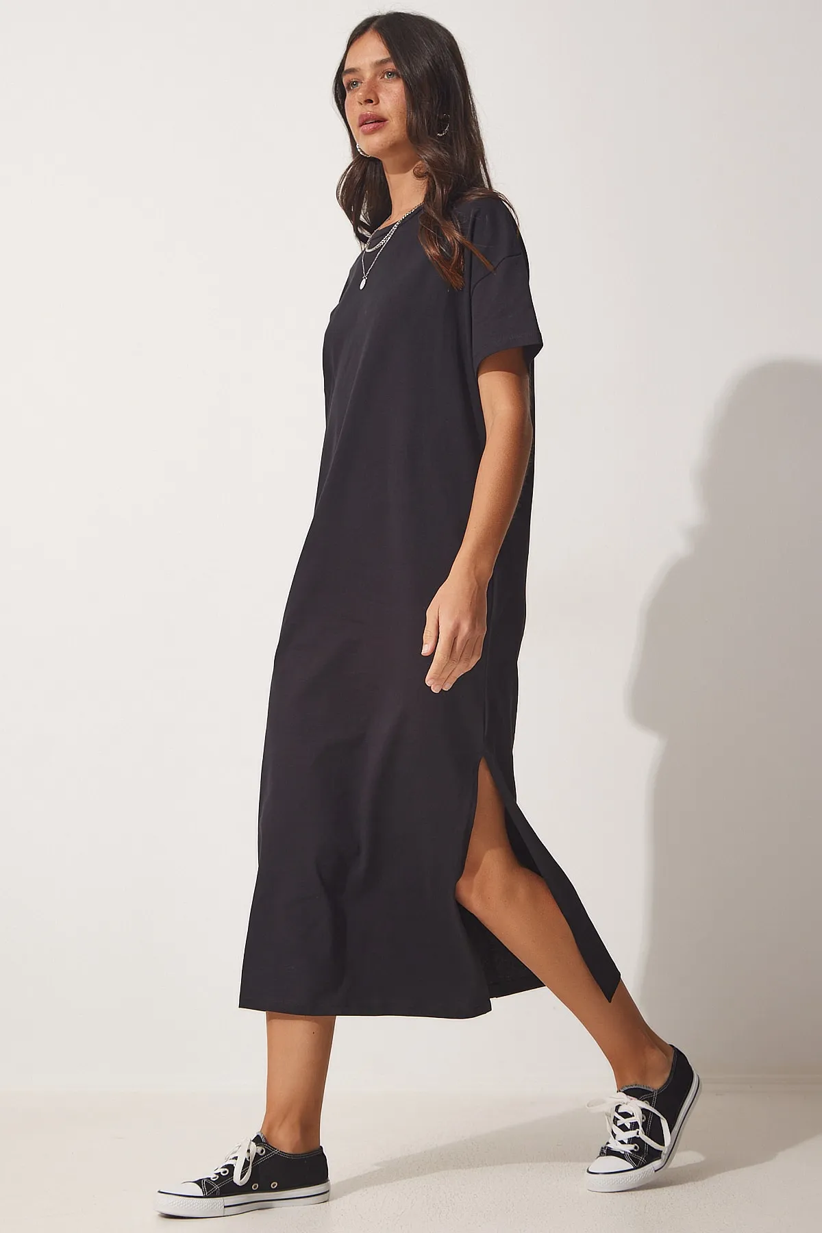 Happiness İstanbul  Damen-Sommerkleid aus gekämmter Baumwolle aus schwarzer Baumwolle UB00080