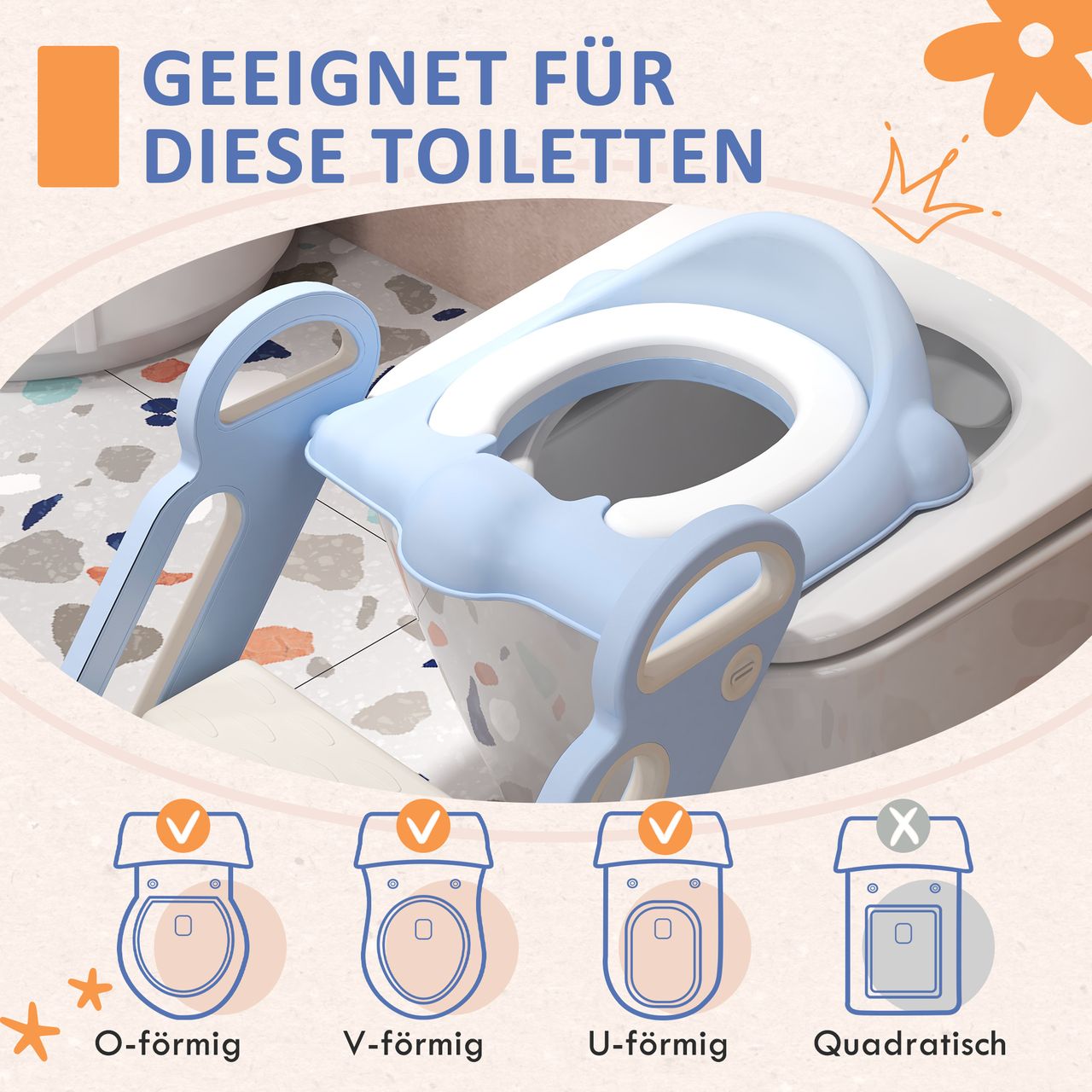 ZONEKIZ Kinder Toilettensitz, klappbarer Toilettentrainer mit Treppe, Griff Blau