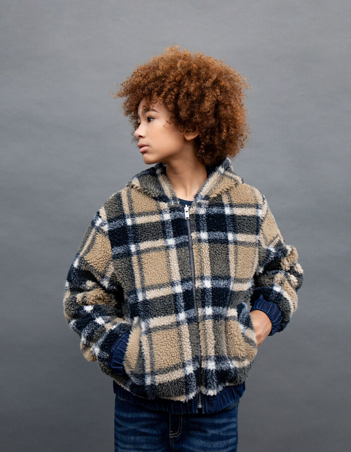 Blouson réversible jean bleu et Sherpa carreaux garçon