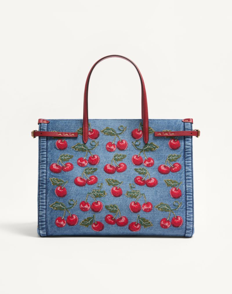Bolsa de compras média Valentino Garavani Antibes em denim com bordado Cherryfic